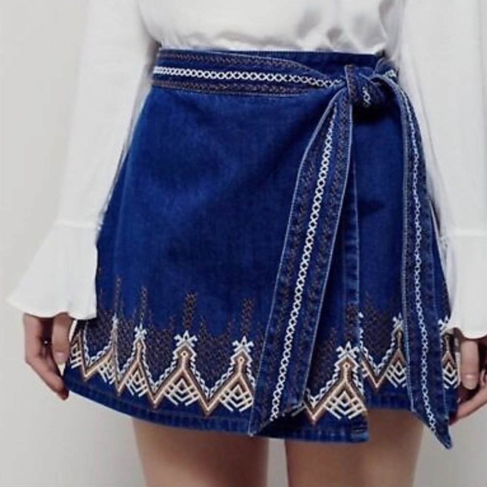 Free People Indigo Blue Embroidered Wrap Mini Skirt